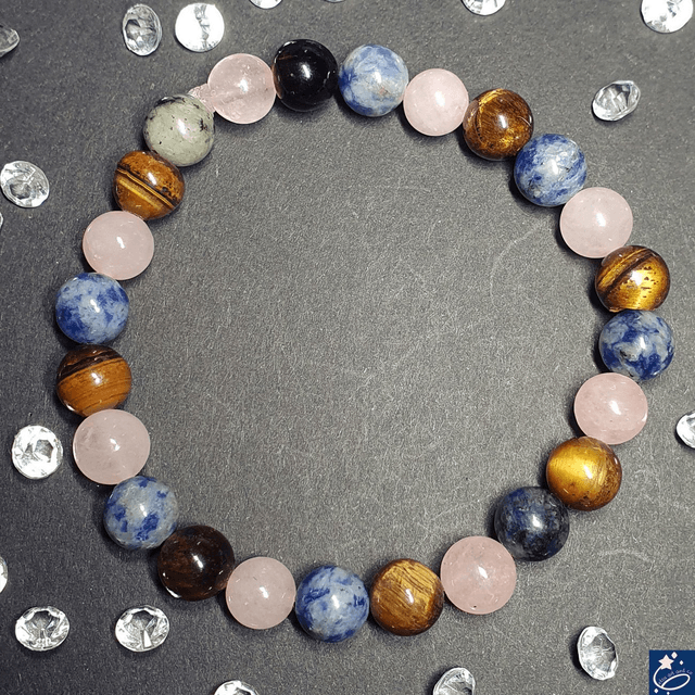 Bracelet élastique avec de l'oeil de tigre, quartz rose et sodalite