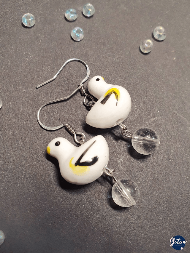 Boucles d'oreilles mouettes en porcelaine et cristal de roche