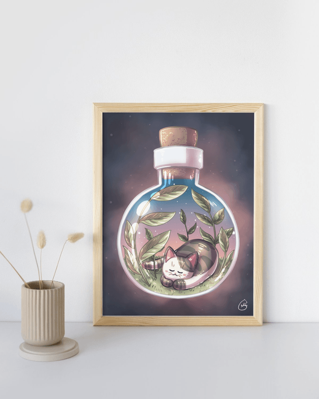 Poster A4 - chat dans une fiole ronde