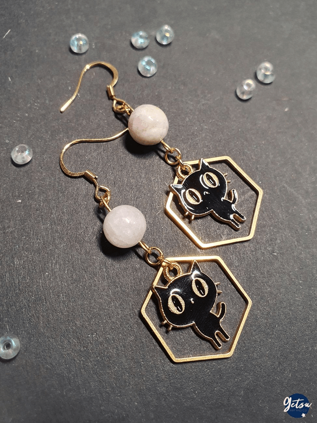 Boucles d'oreilles chat noir et kunzite