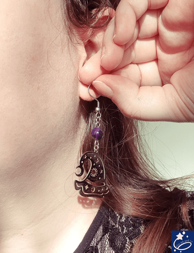 Boucles d'oreilles chapeaux de sorcière et améthystes 