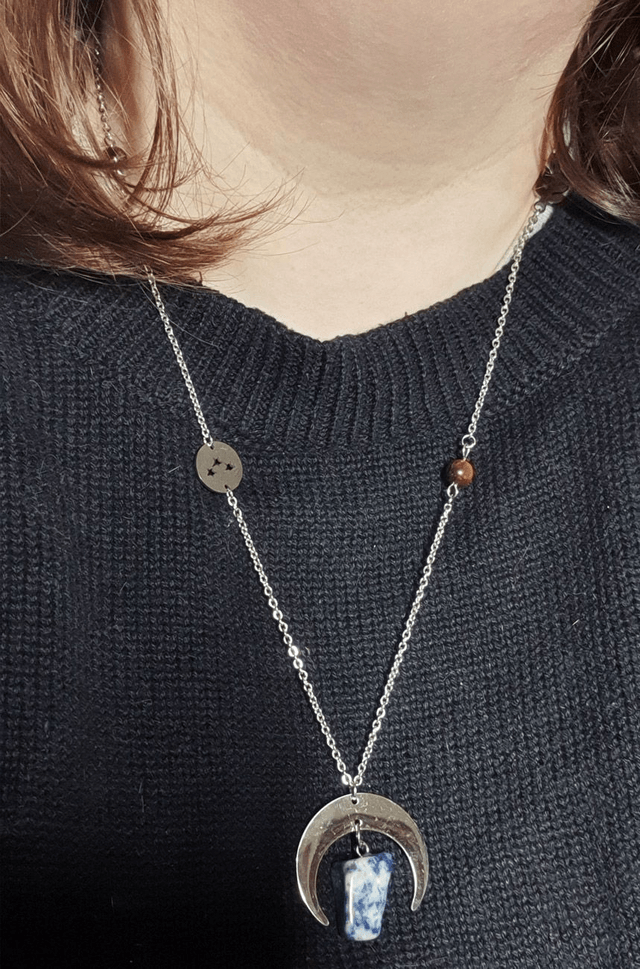 Sautoir en acier inox, améthyste et oeil de tigre