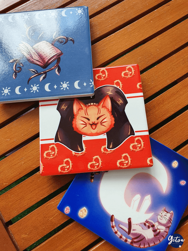 Sous-verre porcelaine deux chats et croissant de lune