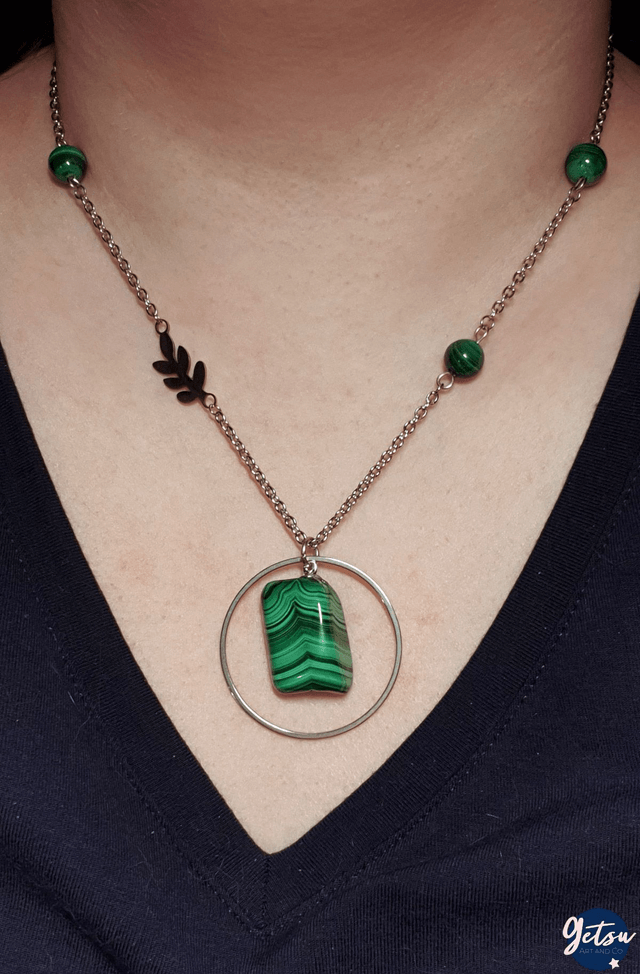Collier malachite et feuille en acier inox