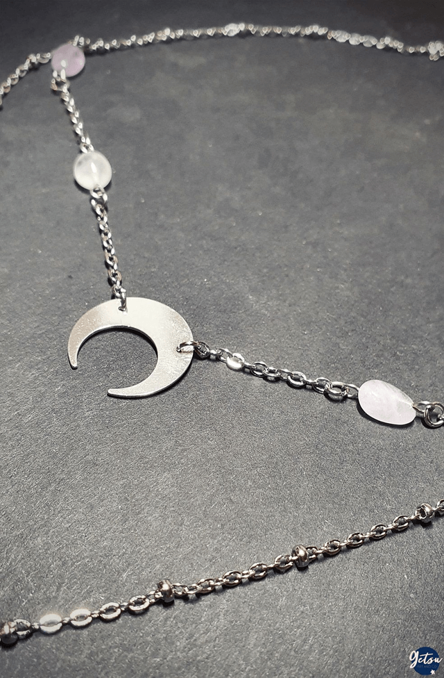 Collier double croissant de lune, ambre et améthystes