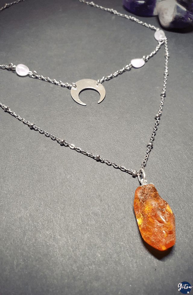 Collier double croissant de lune, ambre et améthystes