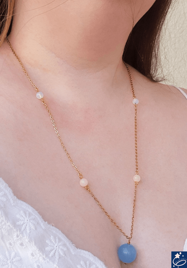 Collier sautoir jade bleue, opalite et jade rose