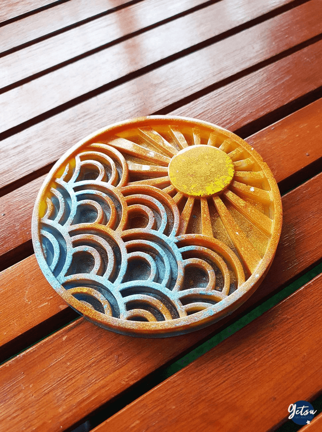  Sous-verre soleil levant et vagues bleu et doré