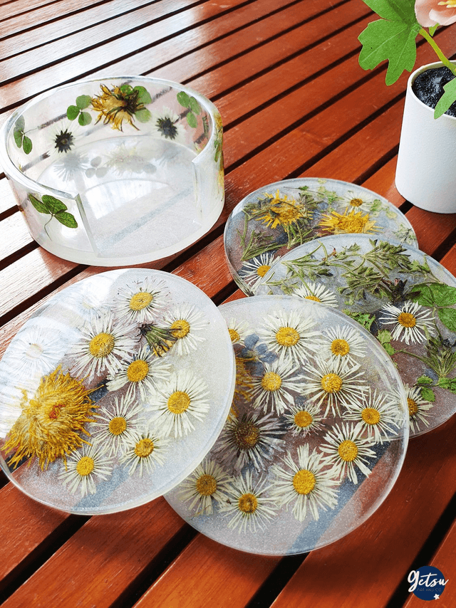 Ensemble de 4 sous-verres et rangement, en pâquerettes et pissenlits