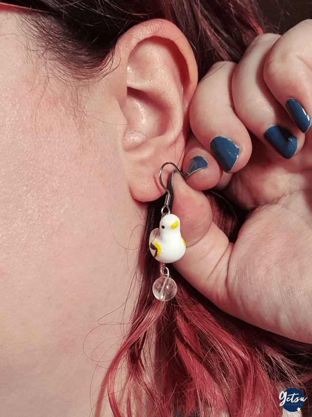 Boucles d'oreilles mouettes en porcelaine et cristal de roche