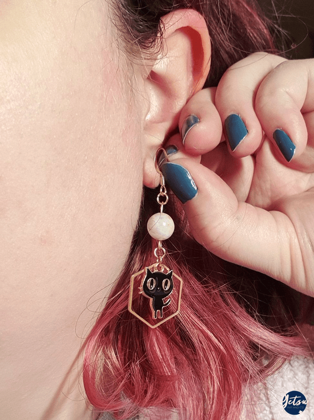 Boucles d'oreilles chat noir et kunzite