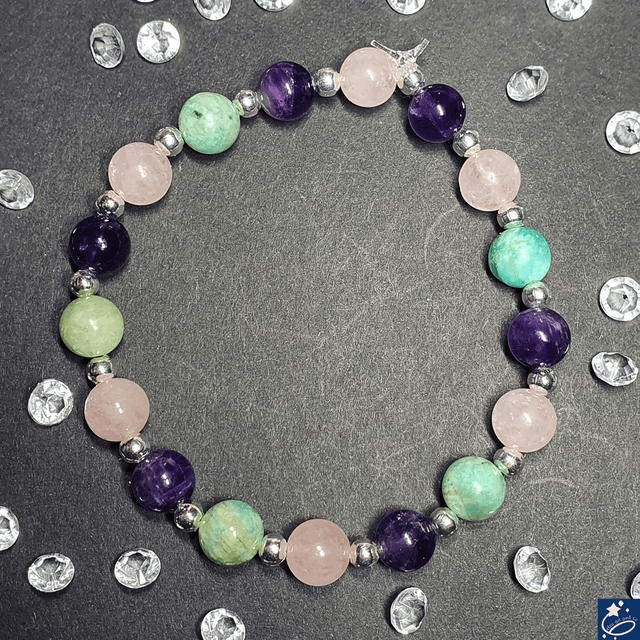 Bracelet élastique en améthyste, amazonite et quartz rose