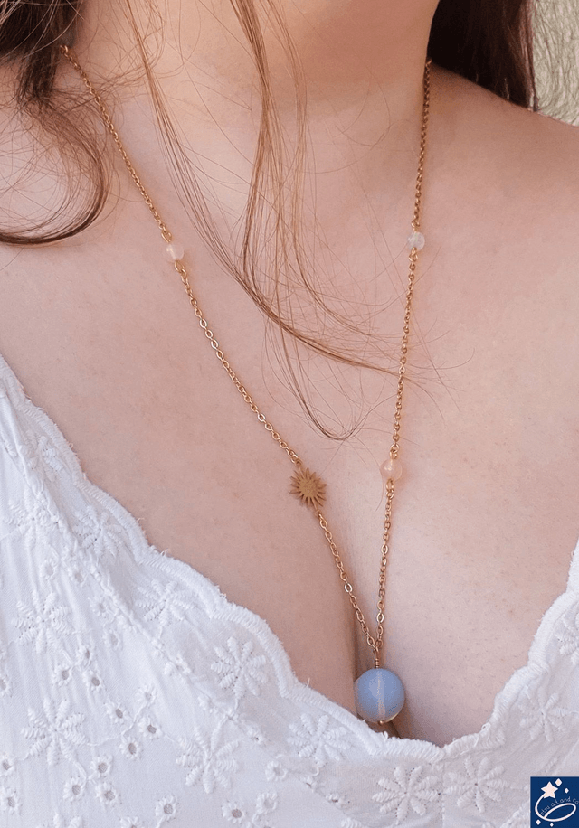 Collier sautoir soleil, opalite et morganite 