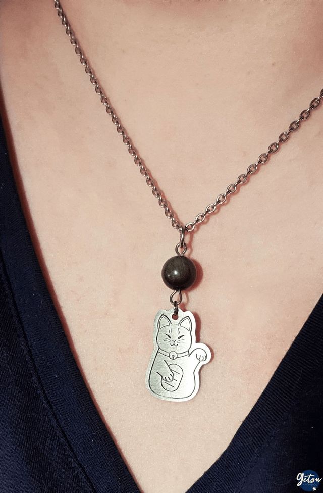 Collier Maneki Neko et obsidienne dorée