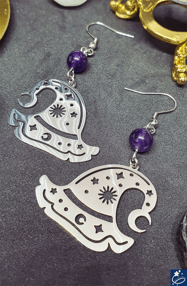 Boucles d'oreilles chapeaux de sorcière et améthystes 