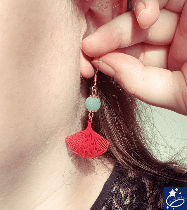 Boucles d'oreilles feuilles de ginkgo et amazonites 