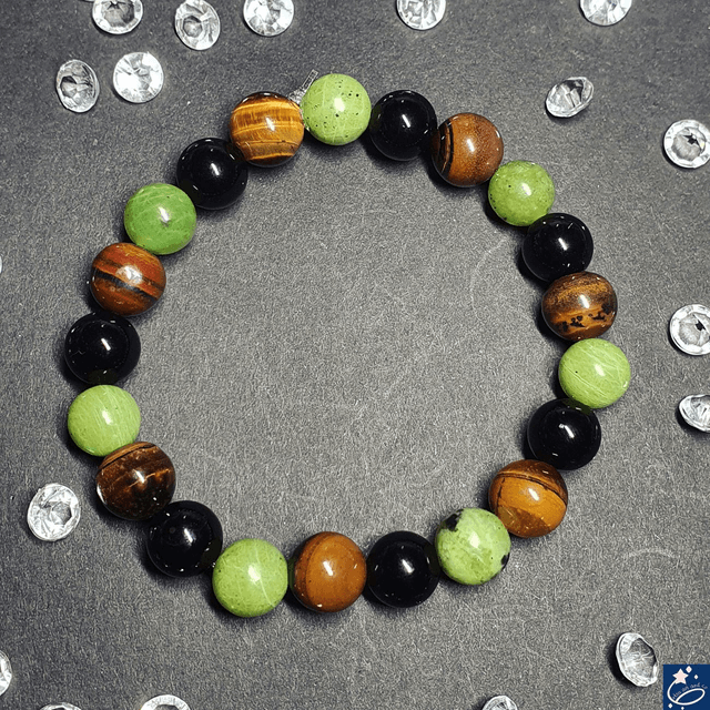 Bracelet en élastique en jade, oeil e tigre et onyx