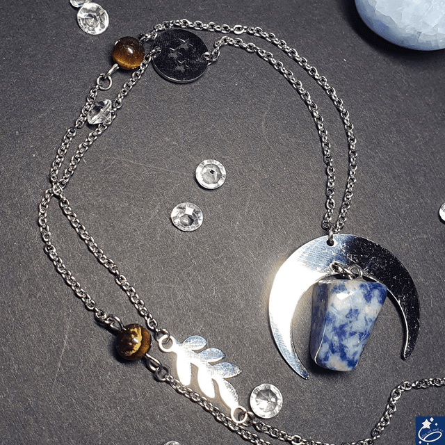 Sautoir en acier inox, améthyste et oeil de tigre