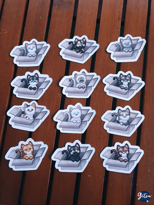 Stickers 12 chats dans des cartons, à choisir
