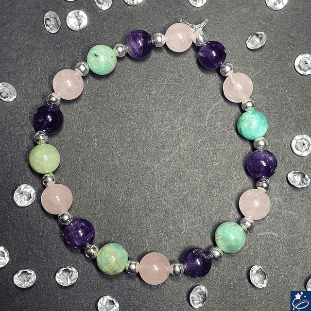 Bracelet élastique en améthyste, amazonite et quartz rose